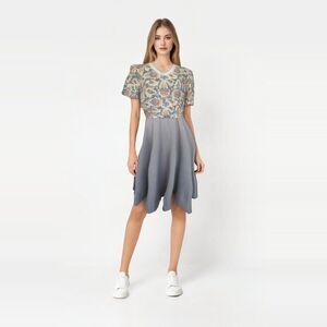 60s 70s Gray Print Dress Short Sleeve Polyester Vintage L 41 Bust